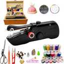 Handheld Sewing Machine with Exquisite Wooden Storage Box & 142-Piece Sewing Kit - Electric Switch, Dual Power Supply, Assorted Needles, Threads, Heavy Duty Scissors - Meets All Household Sewing Needs (Black)