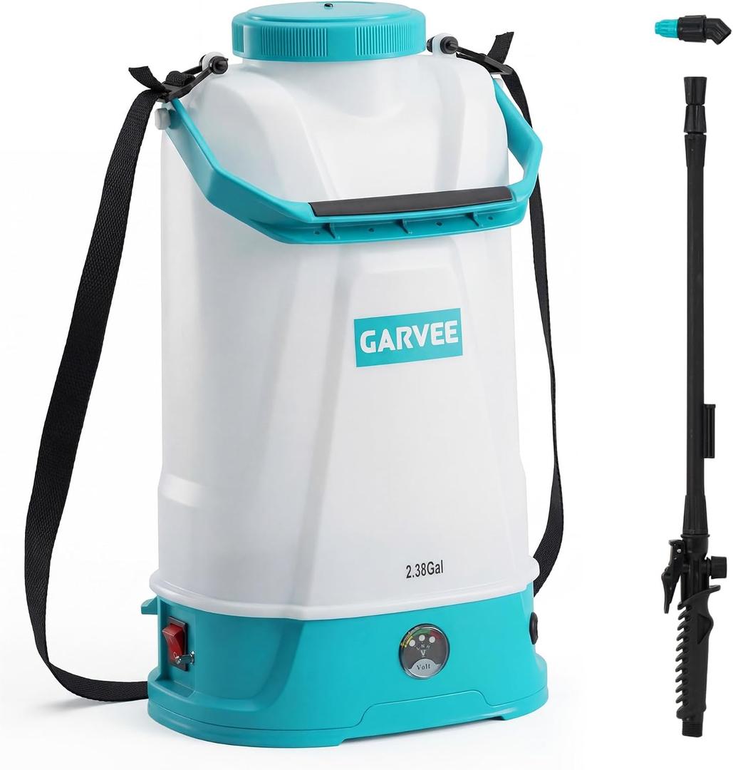 2.38 Gallon Battery Powered Sprayer with Adjustable Shoulder Strap, 0-60 PSI Adjustable Pressure, Electric Sprayer with 1 Nozzles and 1 Wands, 12V 2Ah Battery, Wide Mouth Lid for Weeding, Spraying