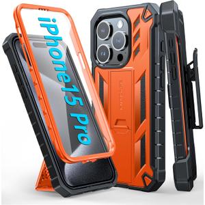 FNTCASE for iPhone 15 Pro Case: with Belt-Clip Holster & Built-in Screen Protector & Kickstand, Full-Body Dual Layer Heavy Duty Rugged Military Shockproof Protective Cell Phone Cover 6.1 inch-Orange