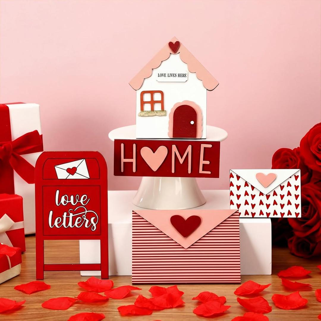 Gerrii 5 Pcs Valentines Wooden Table Sign Decoration 3D Hearts Envelopes Mailbox House Shaped Home Decor Valentines Tabletop Centerpiece for Farmhouse Home Office Tiered Tray Desk Decor
