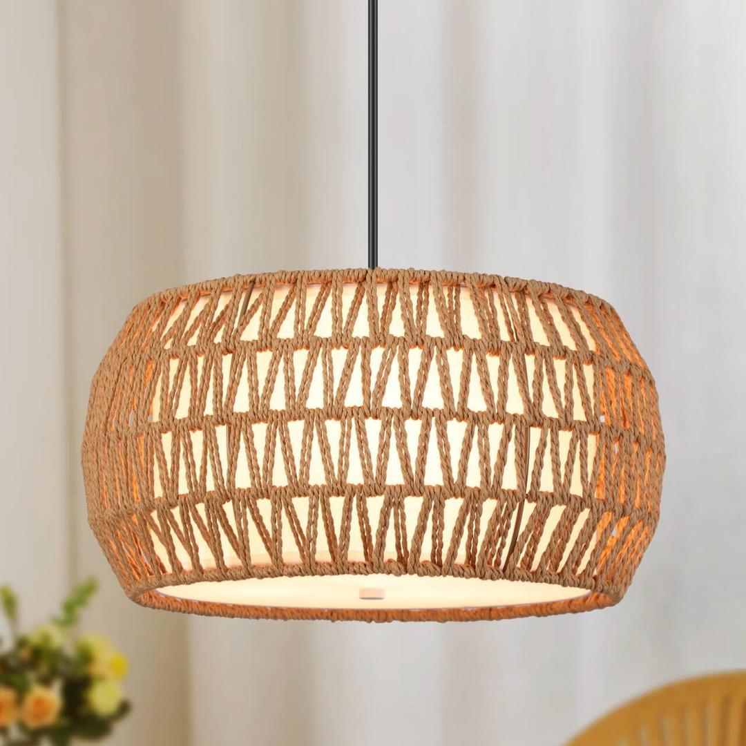 Rattan Boho Farmhouse Chandeliers Light Fixture,3 Lights Coastal Natural Hand Woven Fabric Drum Pendant Light for Dining Room Kitchen Island Hallway Bedroom Entryway UL Listed (3-Light 13IN)