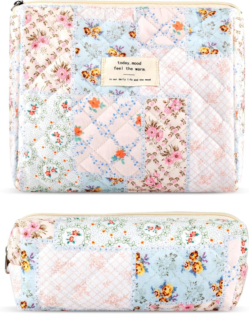 2Pcs Quilted Cotton Makeup Bag Large Travel Makeup Pouch Small Brush Holder Set for Women Cute Floral Coquette Makeup Bag Aesthetic Cosmetic Bag Flower Bee Toiletry Organizer Storage Bag Zipper Pouch