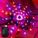 Ollny Spider Web Decoration 4FT 70 LED, Orange and Purple Halloween Lights with Black Spider Battery Powered 8 Modes Timer, Waterproof Cobweb String Light for Outdoor Indoor House Yard Party