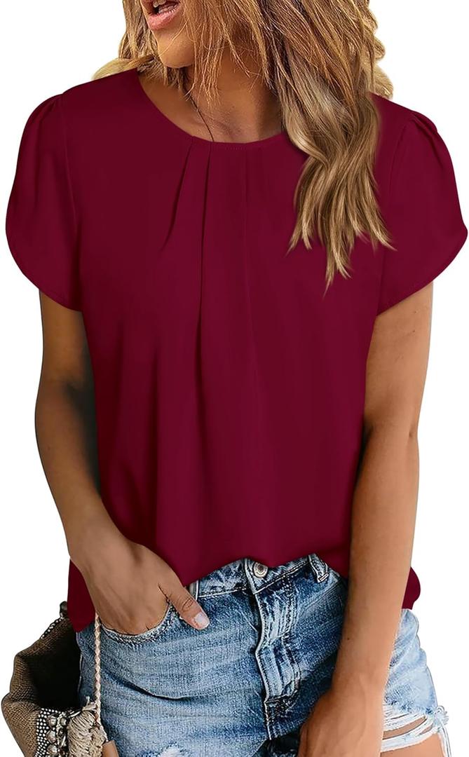 PRETTYGARDEN Women's Tops 2025 Casual Summer Round Neck Short Sleeve Basic Pleated Loose Fit Blouses Plain Tunic Shirts (Medium, Wine Red)