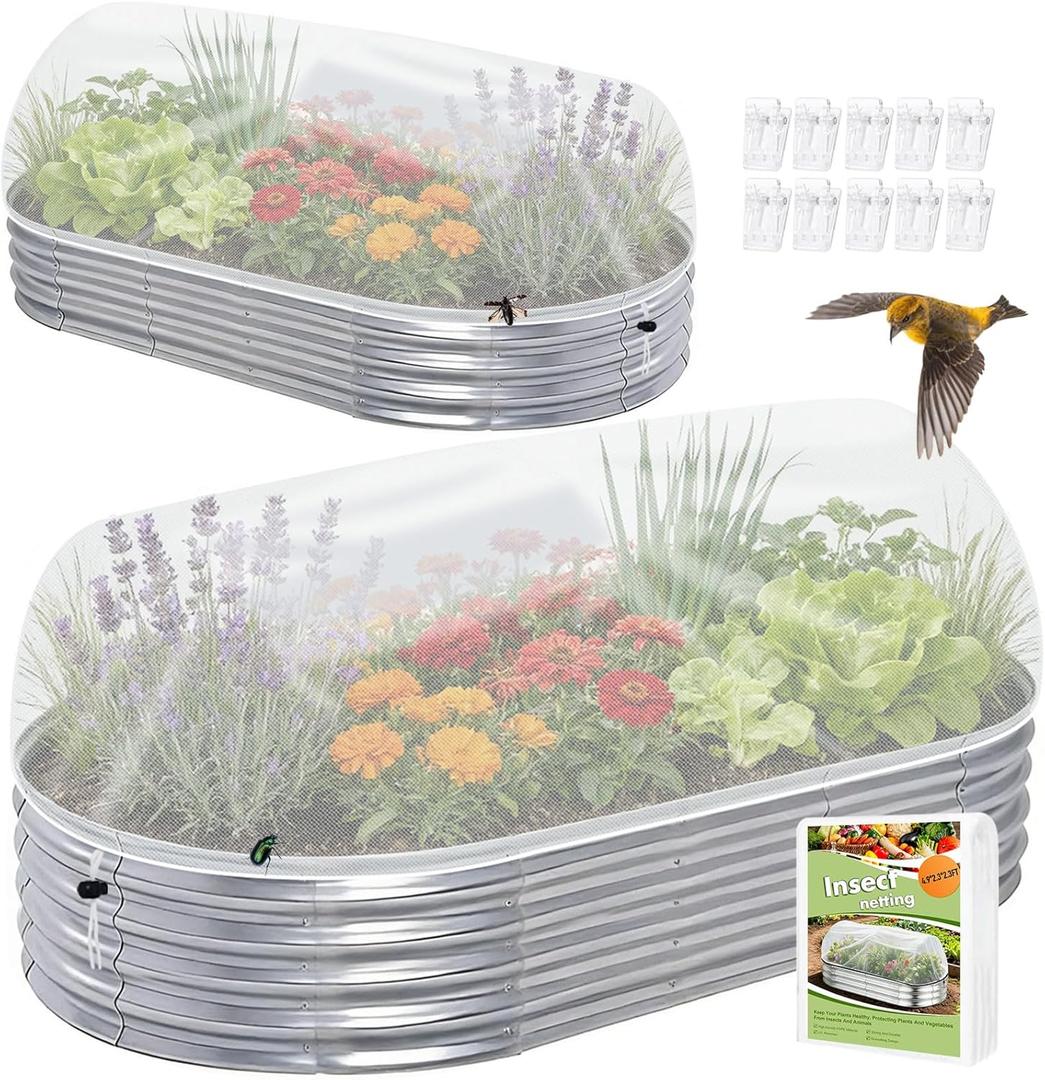 2 Pack Garden Netting for 6x3FT Raised Beds, Ultra-Fine Mesh Plant Covers with Drawstring&10 Clips, Bird, Pest & Small Animal Barrier for Protecting Vegetables, Fruits & Flowers