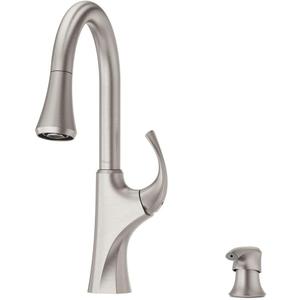 Pfister Miri Kitchen Faucet with Pull Down Sprayer and Soap Dispenser, Single Handle, High Arc, Spot Defense Stainless Steel Finish, F5297MRGS