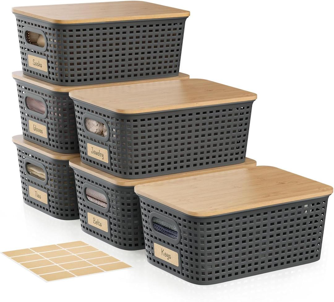 Small 5 Quart Plastic Storage Bin with Bamboo Lid, Stackable Decorative Storage Basket Box Containers with Label for Organizing Shelves Desktop Office Bedroom Dorm Classroom, Gray 6 Pack