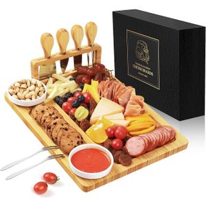 Bamboo charcuterie boards Gift Set - Serving Meat Cheese Board, Charcuterie Board Set with 4 Stainless Steel Cheese Knife, Ideal for House Warming Gifts New Home, Christmas, Bridal Shower Gift (Modern)