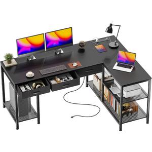 PRAISUN 55 Inch L Shaped Office Desk with Power Outlets and Type-C Port, Large Computer Gaming Desk with 3 Fabric Drawers, Mesh Shelves, Corner Study Work Writing Desk, Black, 55.1inch
