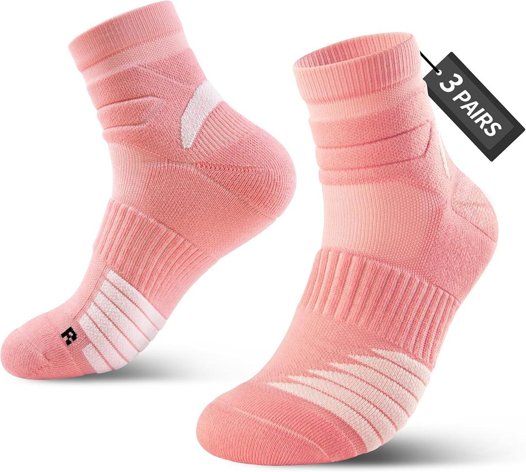 Thick Athletic Basketball Quarter Socks (3 Pairs) - Padded Running Socks with Ankle Protection and Max Cushion (Medium, Pink)