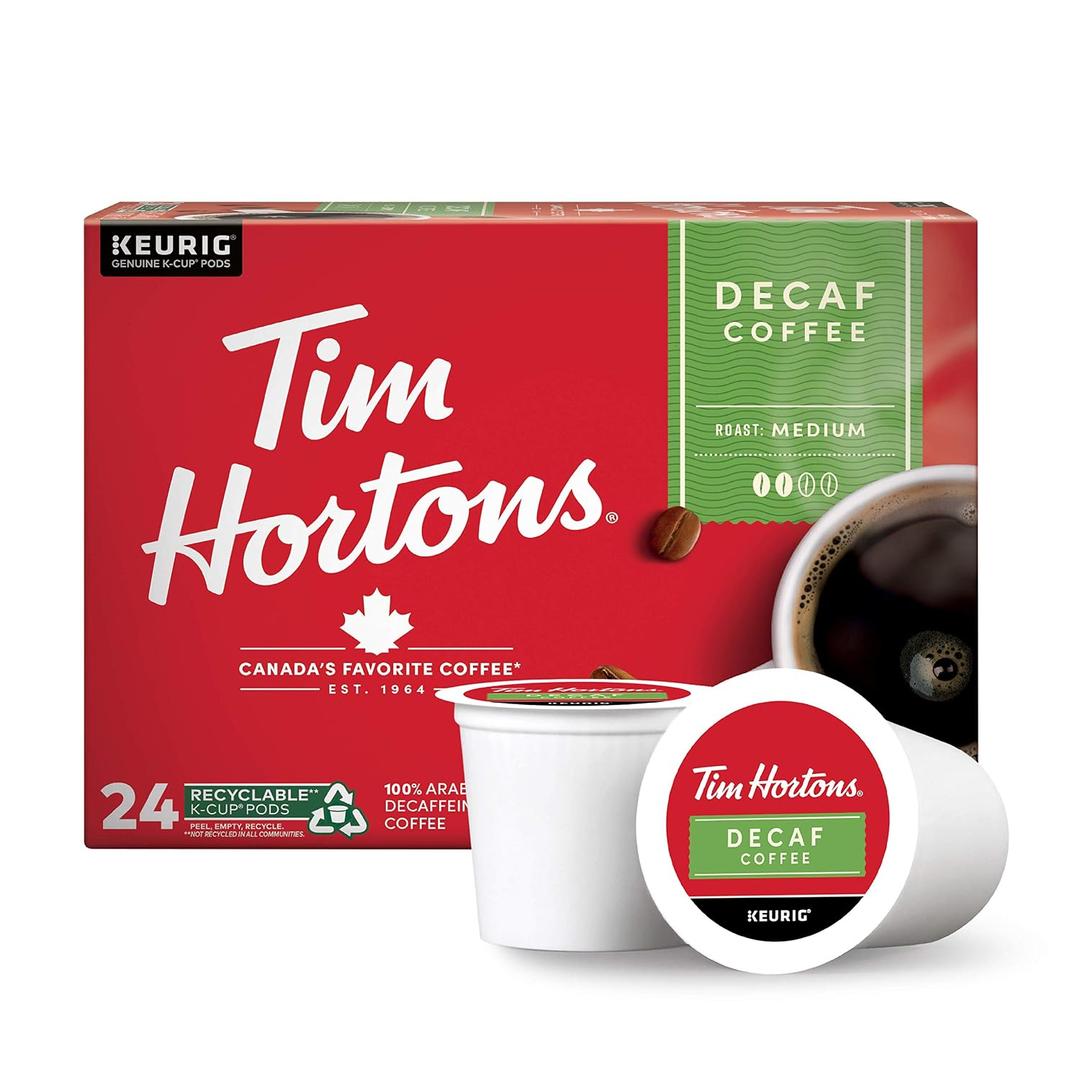 Tim Hortons Decaf, Medium Roast Coffee, Single-Serve K-Cup Pods Compatible with Keurig Brewers, 24ct K-Cups (EXP 05/30/27)