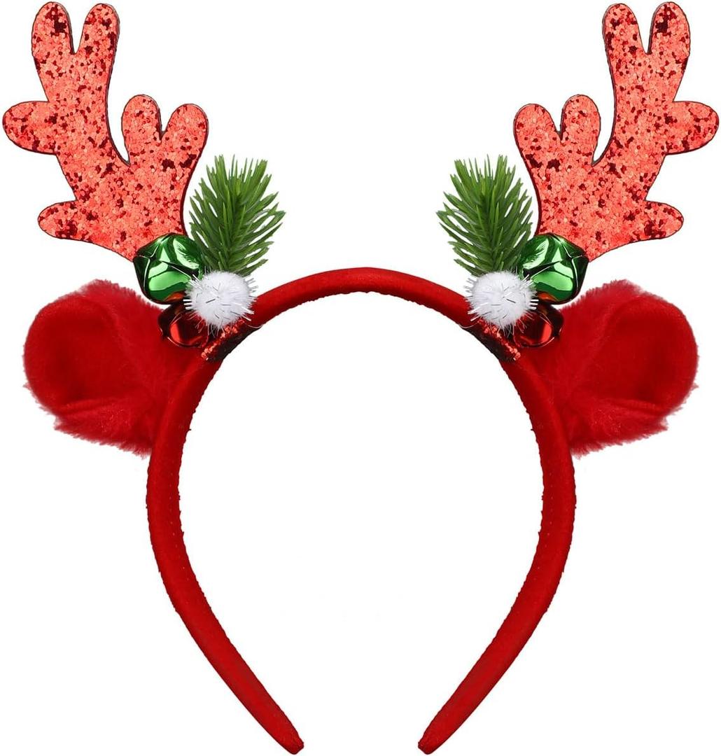 2 x Christmas Headbands for Women Red Glitter Reindeer Antlers Headband for Womens Christmas Headband Holiday Headbands for Women