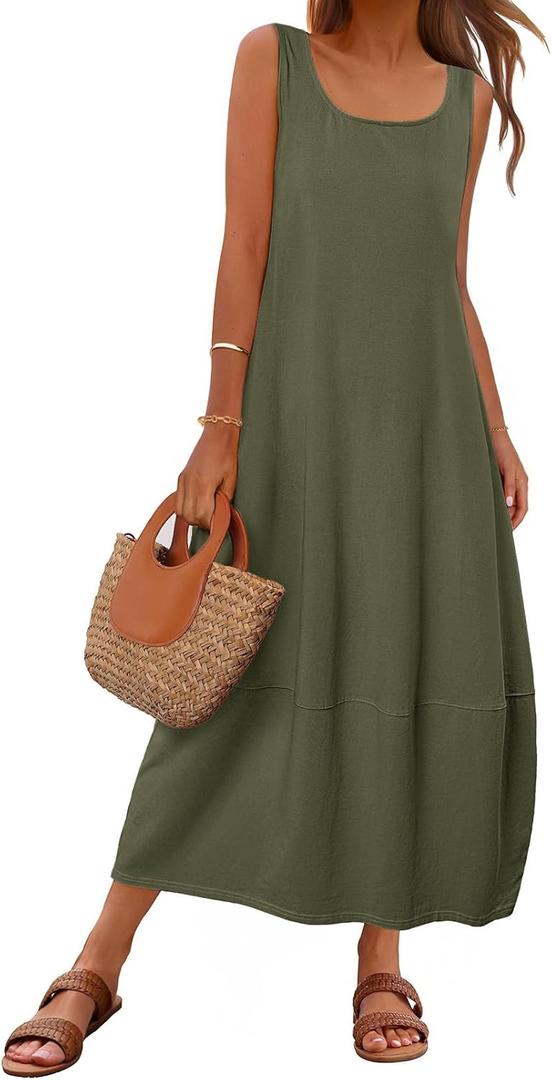 MEROKEETY Women's Casual Maxi Sundress 2025 Summer Beach Dress Scoop Neck Sleeveless Loose Tank Dress (Army Green)