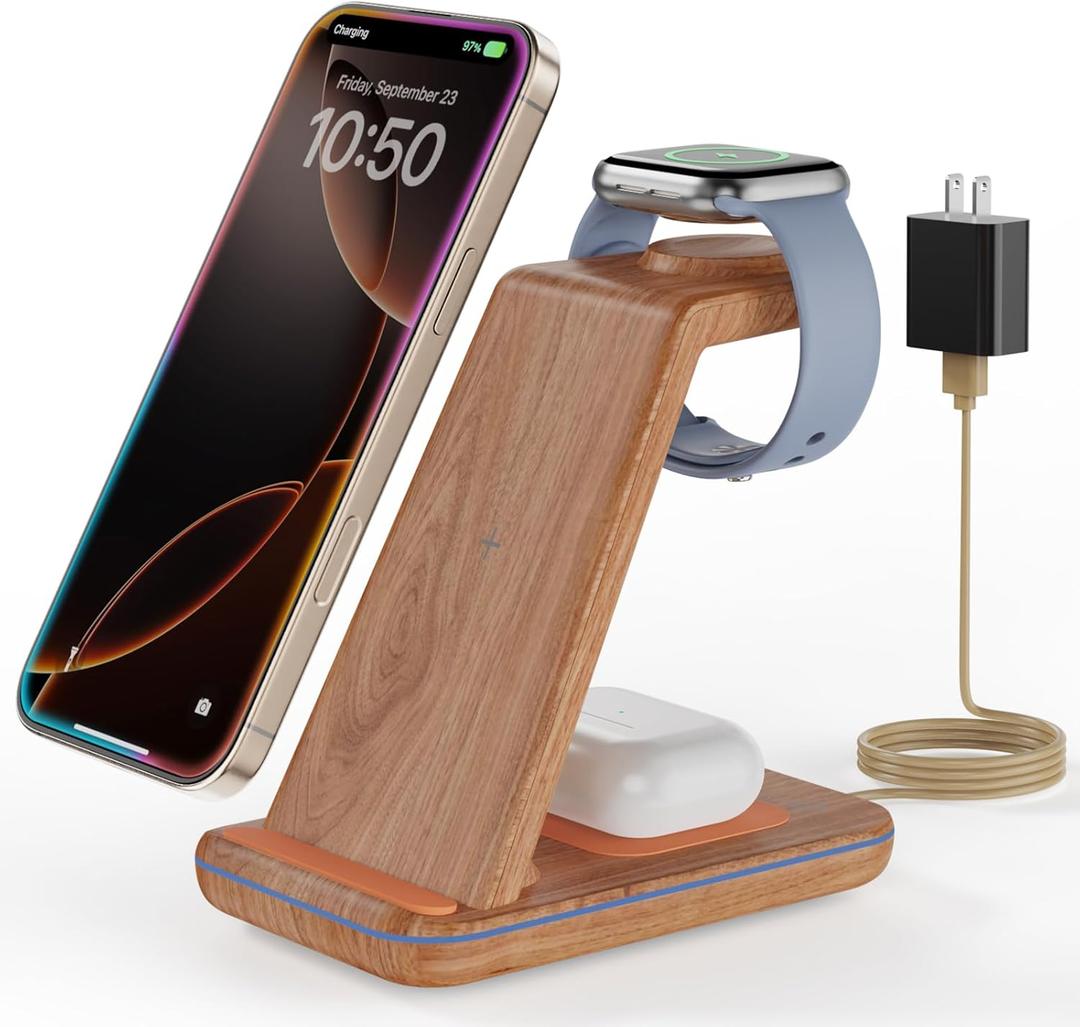 3 in 1 Wireless Charging, Wireless Charger Stand for Multiple Apple Devices, Wireless Charger for iPhone 17 16 15 14 13 12 11 Pro Max XS XR 8, Apple Watch 11 9 8 7 6 SE 5 4 3 2, AirPods 3/2/Pro (Dark Wood)