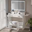 Modern White Makeup Vanity Desk with Adjustable Lights, Mirror, and Storage - Complete Vanity Set with Drawers, Shelves, and Stool, Large