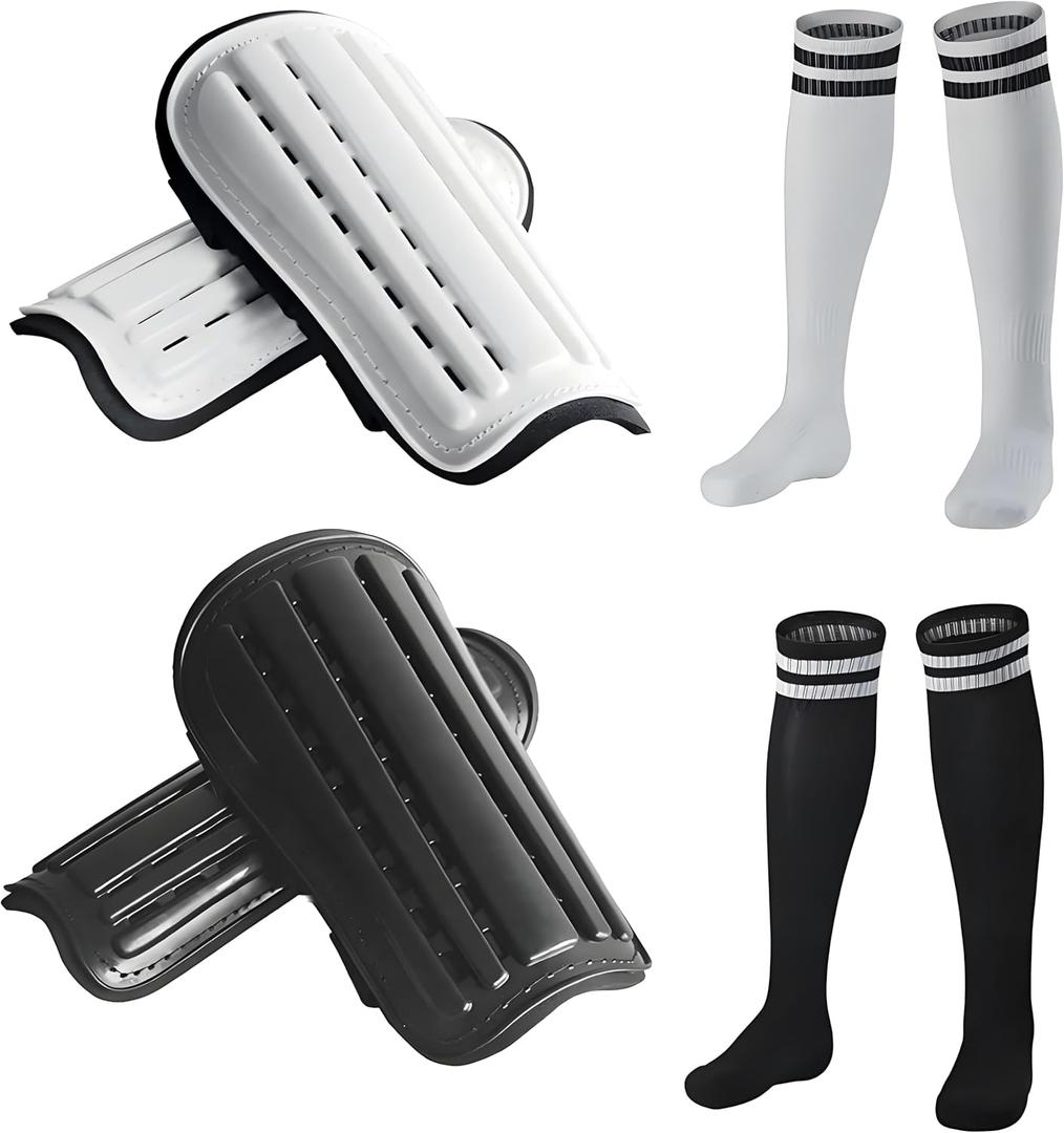 2 Pairs Soccer Shin Guards & 2 Pairs Soccer Socks for Adults and Teenagers, Protective Gear Soccer Equipment for Kids, Boys, Girls L