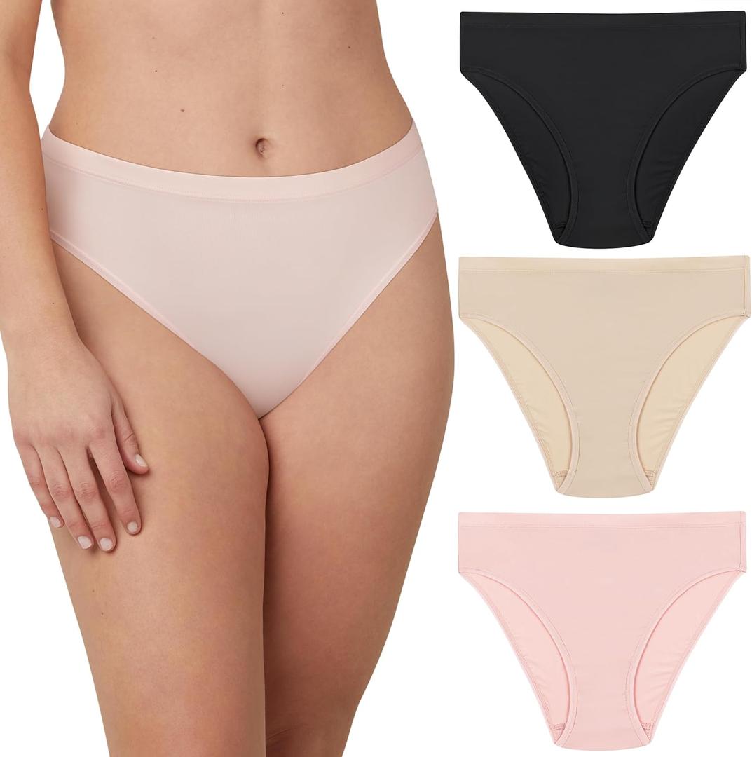 Maidenform Women's Hi-Cut Underwear, Barely There Invisible Look High-Waisted Panty, 3-Pack (Medium, Black/Almond/Sheer Pale Pink)