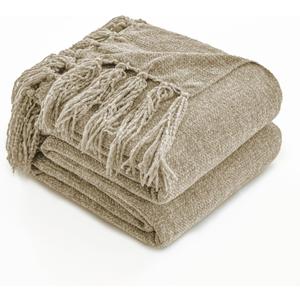 Simple&Opulence Soft Chenille Throw Blanket 50'' x 60'' - Cozy Fluffy Blanket with Fringe Tassel, Farmhouse Boho Blankets for Couch Bed Office Chair Gift Home Decor All Season Use, Khaki