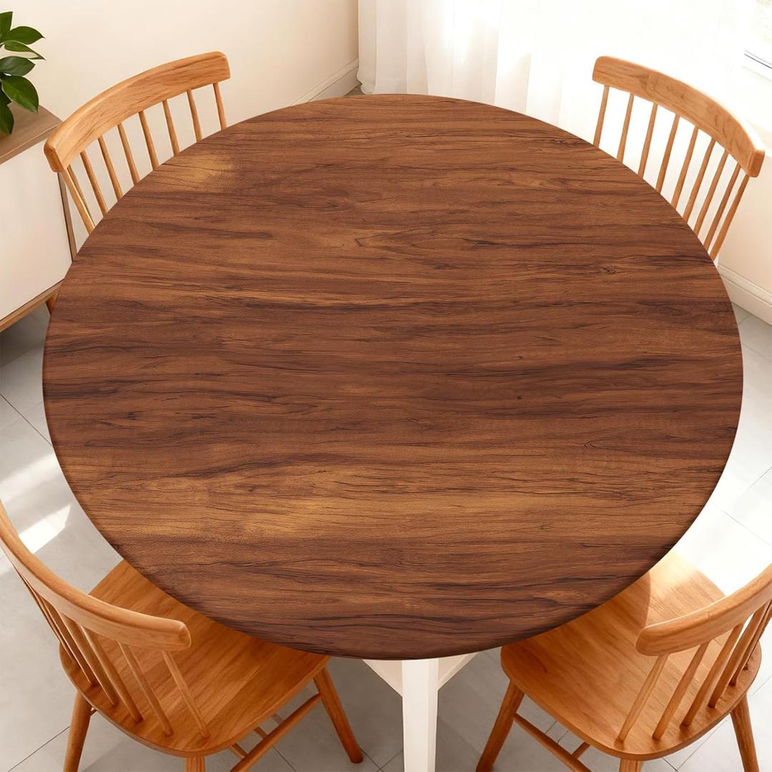 Round Fitted Tablecloth with Elastic Edge Design Table Cover Waterproof Stain-Resistant Wipeable Table Cloth Fits 53"-60" Round Tables for Camping, Picnic, Dining, Outdoor (Wood Grain)