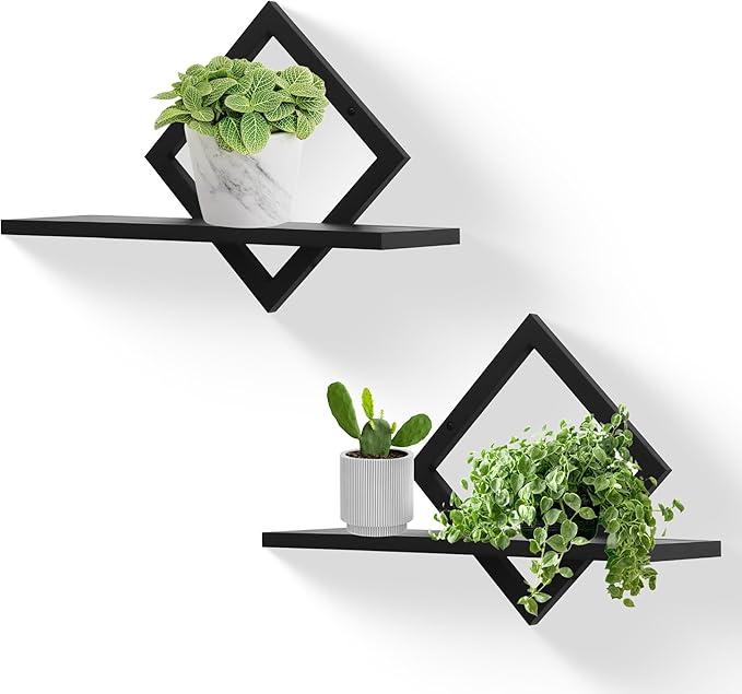 Floating Shelves for Wall,Decorative Wall Shelf,Hanging Shelf for Plants Storage Display Holder,Indoor Decor for Living Room Home Office Bathroom Bedroom,Solid Wood,Diamond Shaped,2 Pack(Black)