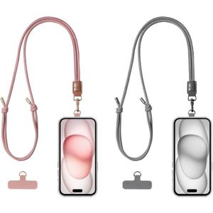 4 x EKAX 2 Pack Crossbody & Neck Phone Strap, Customizable Neck Strap with 0.5mm Removable Phone Tab, Hands-Free Holder for Phone Cases (Rose Pink+Ash Gray)