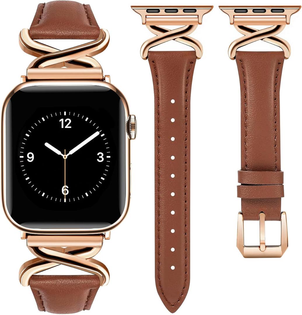 JR.DM Leather Bands Women Compatible with Apple Watch 40mm 38mm 44mm 45mm 41mm 42mm 46mm 49mm Dressy Thin Designer Strap with X-Shaped Metal Crown for iWatch Series Ultra/ SE/ 11/ 10/ 9/ 8/ 7/ 6/ 5/ 4/ 3/ 2/ 1 Brown