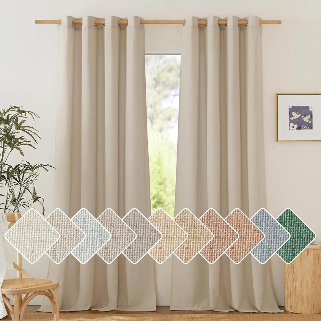 NICETOWN Thick Linen Curtains Privacy with Light Filtering, Grommet Semi Sheer Not See Through Linen Blend Curtain Drapes Vintage & Rustic for Farmhouse / Living Room, Angora, W55 x L84, 2 Panels, 