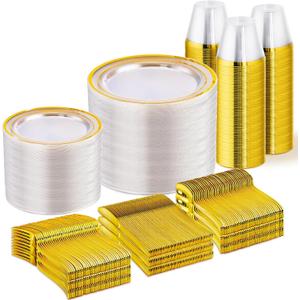 WELLIFE 600 PCS Clear Gold Disposable Dinnerware Set for 100 Guests — Elegant Gold rimmed Plastic Plates, Cups & Cutlery for Weddings, Receptions & Holiday Events, BPA-Free, Clear and Gold