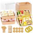 100 Pack Charcuterie Boxes with Clear Lids, 5.4 Inch Mini To Go Charcuterie Food Containers+200 Cocktail Picks+100 Lables, Disposable Paper Sandwich Bakery Dessert Boxes for Salads,Cookie (Brown)