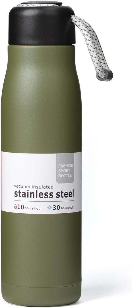Small Water Bottle, Dusgut Insulated Water Bottle, Stainless Steel, Wide Mouth Portable Lid, 17 oz, Army Green (17 Ounces)
