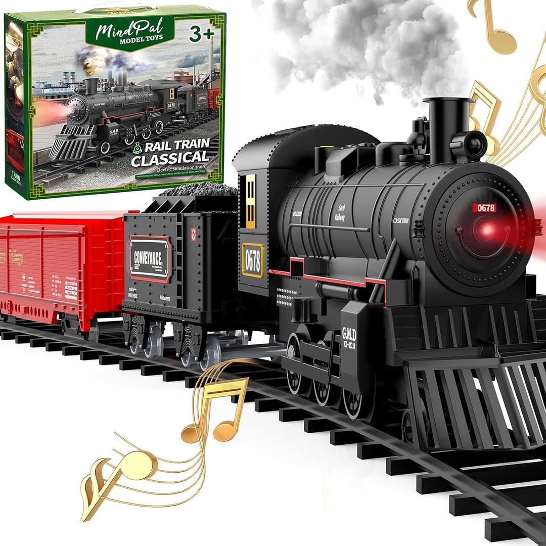 MindPal Train Set, Electric Train Toys with Smoke, Lights & Sound, Train Set for Under Christmas Tree with Steam Locomotives, Cars and Tracks, Christmas Train Toys for 3 4 5 6 7+ Years Old Kids