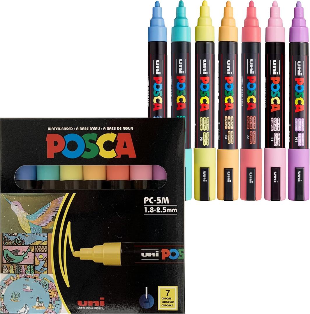 uni Posca 5M Medium Pastel Markers with Reversible Tips, Set of 7, Kids Art Supplies For Gifts, Decorations, Fabric, Metal, Glass, Wood and Canvas (1 Count (Pack of 7))