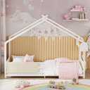 Timy House Shape Twin Size Montessori House Bed Metal Floor Bed with Storage Rack and Caddy Twin Bedframe for Kids No Box Spring Needed White, Shelf 