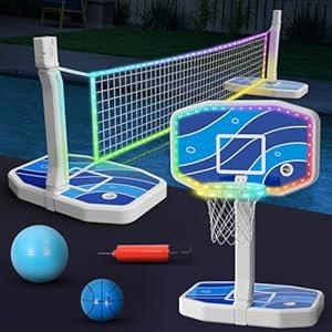 Jocoevol 2-in-1 LED Pool Basketball Hoop Poolside & LED Pool Volleyball Net Set Swimming Pool Basketball Goal Outdoor for Kids Teens Adults Light Up Pool Toys Pool Games for Inground Pools