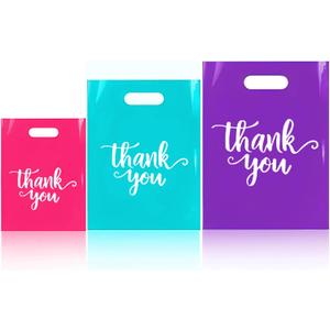 300 Pcs Thank You Bags for Small Business, 3 Size Plastic Mini Retail Merchandise Vendor Shopping Bag with Handle for Boutique Store, Wedding Party Goodie Bulk (Mixed color)