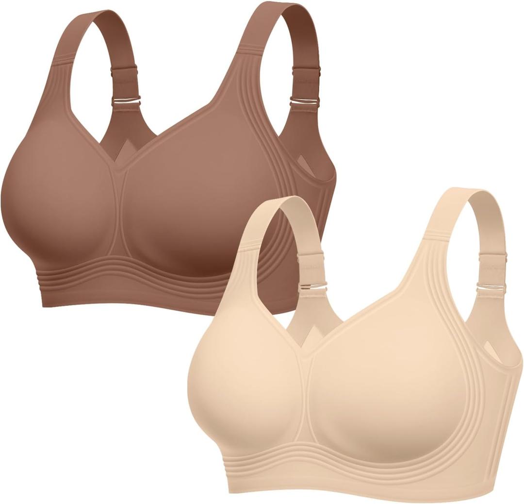 LetsJoli Bras for Women Supportive Wireless Push Up Bra Full Coverage No Underwire Seamless Plus Size for Older Women(Nude+Coffee, 2PCS, 2XL)