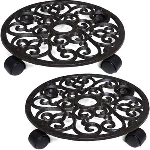 2 Pack Plant Caddies Heavy Duty Cast Iron Flowerpot Holder, Flower Stand Round Planter Holder with Wheels 11 inch
