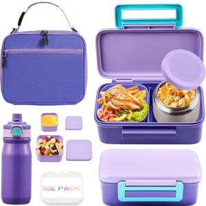 JXXM Bento Lunch Box for Kids With 8oz Thermo, Leakproof Bento Box with with 2 Compartments, Insulated Bottle, Lunch Bag, BPA Free Dishwasher Safe for School Girls Boys (Purple)