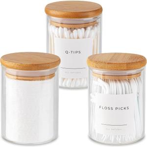 Mini Glass Apothecary Jars with Bamboo Lids, Small Bathroom and Kitchen Storage Containers, For Cotton Balls, Pads and Swabs, 10 oz, Set of 3 (Clear)