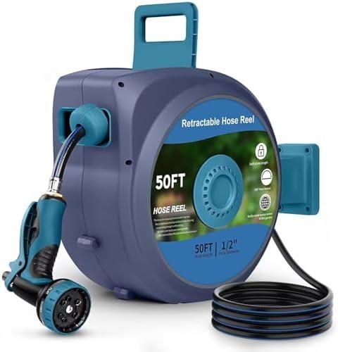 Tuzoc Retractable Garden Hose, Heavy Duty Wall-Mounted Hose Reel with 180° Swivel Bracket, Automatic Slow Return System with 10 Function Nozzle, Any Length Lock for outside Watering,Cleaning（50ft）