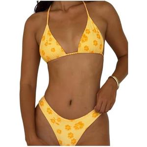 MakeMeChic Women's Halter Triangle Thong Bikini Sets High Cut Swimsuit Bathing Suit Swimwear, Large