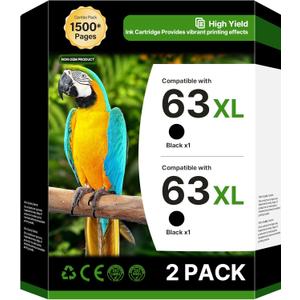 63XL Black Ink Cartridge (2-pack) High-yield for HP Ink 63 63XL HP63 XL Combo Pack Works for DeskJet 1112, 2130, 3630 Series; ENVY 4510, 4520 Series; OfficeJet 3830, 4650, 5200 Series Printer F6U62AN