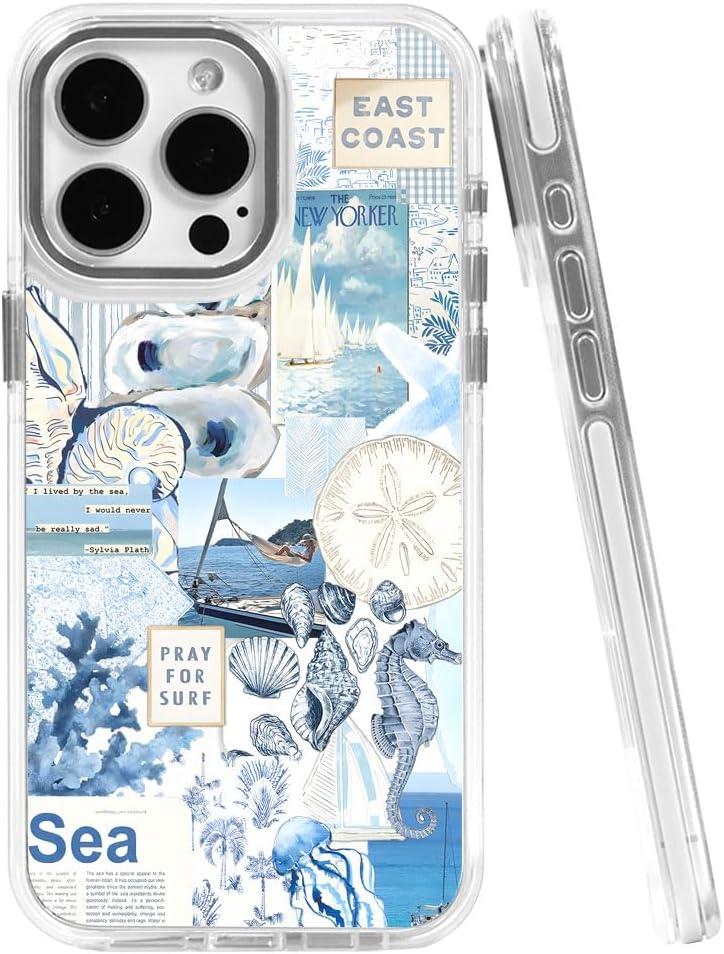 Cases for iPhone 14,Compatible with MagSafe,Classic Clear Shockproof Protection Magnetic Phone Case - Seashell Ocean Blue Retro Collage