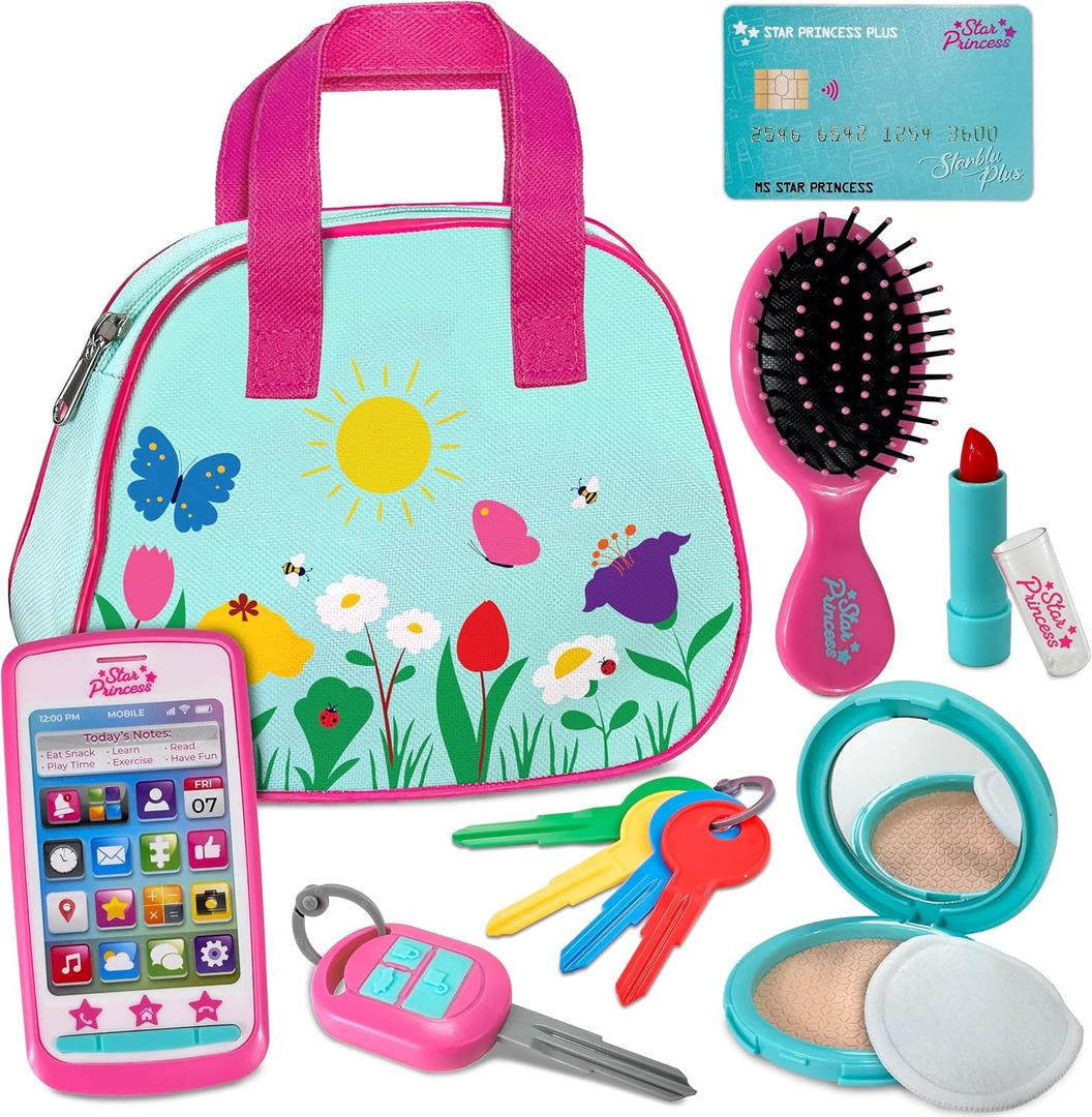 Play Purse for Toddlers with Accessories, Toddler Girl Toys 1 2 3 Years Old with Pretend Makeup, Keys, Smartphone, Toddler Toy Purse for Little Girls - Birthday Gift for Toddlers Girls Ages 2-3 - Blue