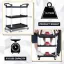 Plastic Utility Carts with Wheels, Heavy Duty 510lbs Capacity Rolling Service Cart, 3-Tier Restaurant Food Cart with Hammer for Office, Warehouse, Garage (Lockable Wheels, Black)