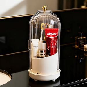 Banafich 3-Slot Rotating Toothbrush Holders with Lid, Enclosed Toothbrush Holders for Bathrooms, Countertop Plastic Toothpaste Holder with Cover, Makeup Brush Holder for Vanity, Utensil Storage(White)