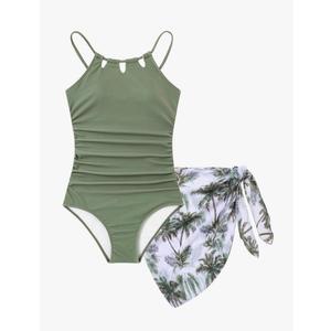 Girls Swimsiut One-Piece Bathing Suit with Mesh Cover Ups Adjustable Straps Cut Out Swimwear, Size 9-10Y