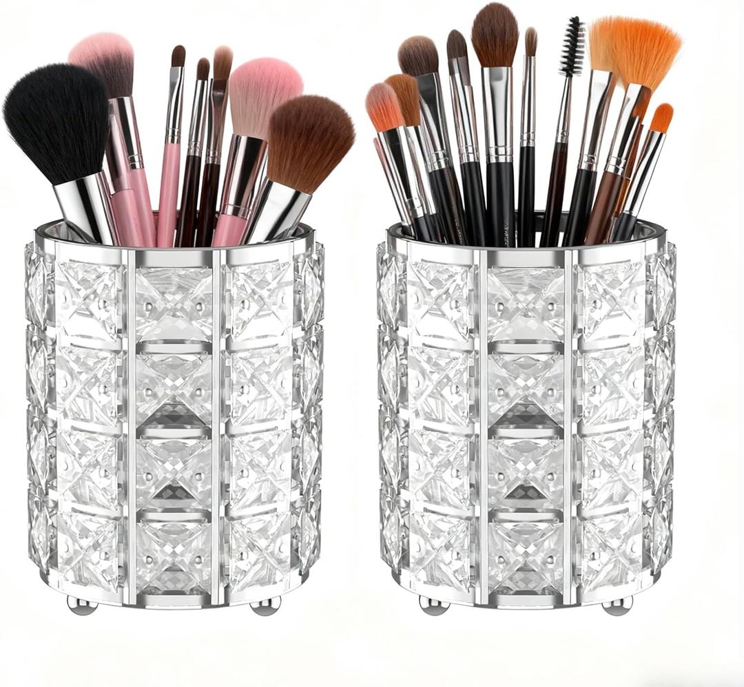 LUGUNU Makeup Brush Holder with Silver Crystal Bling  Elegant Vanity Organizer for Brushes, Pens & Pencils, Ideal for Bathroom or Office Countertop(2Pack)