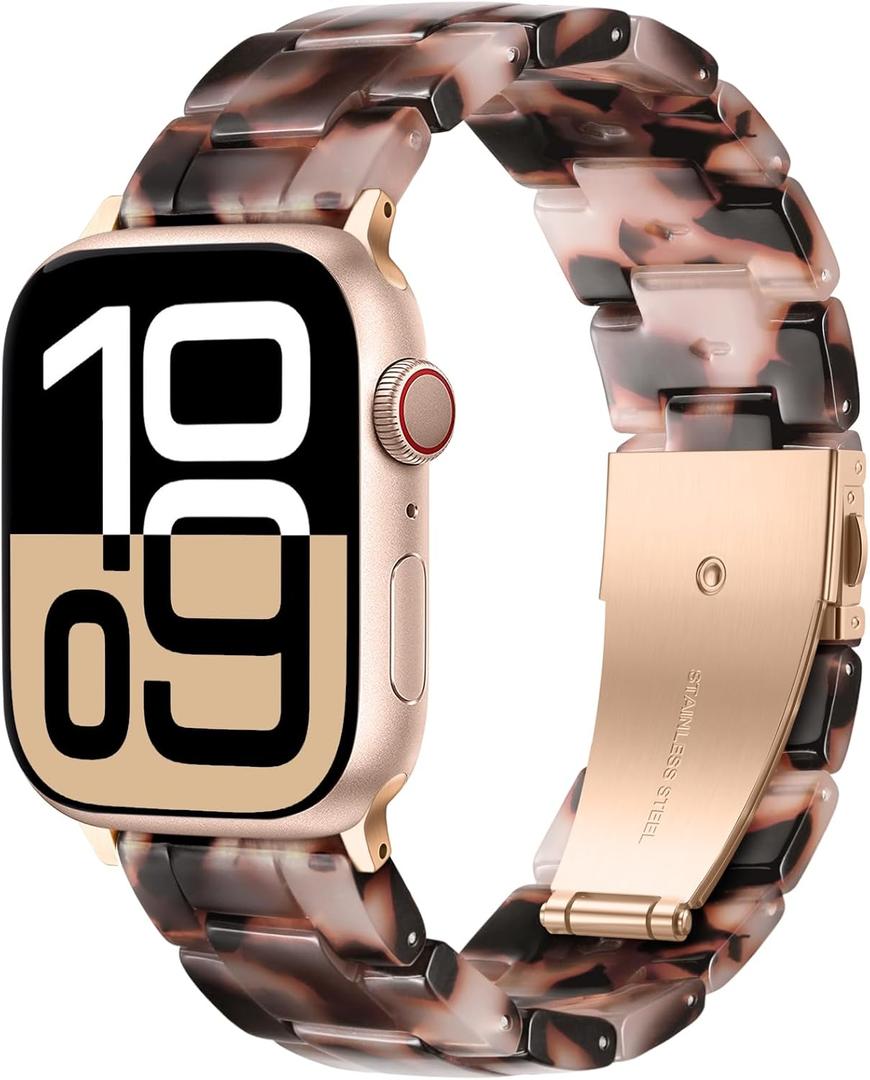 Light Resin Strap Compatible with Apple Watch Band for Women 38/40/41/42/44/45/46/49mm, Fashion and Durable Strap with Stainless Steel Buckle for iWatch Series 10/9/8/7/6/5/4/3/2/1/SE/Ultra/Ultra 2 (Pink Black Agate - Rose Gold)