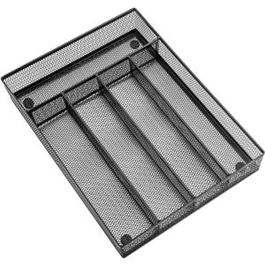 HaWare Utensil Drawer Organizer, Mesh Wire Silverware Organizer Divider for Kitchen, Stainless Steel Cutlery Flatware Storage Tray with Non-Slip Foam Feet, 5 Compartment, 12.5 x 9.2Inch, Black